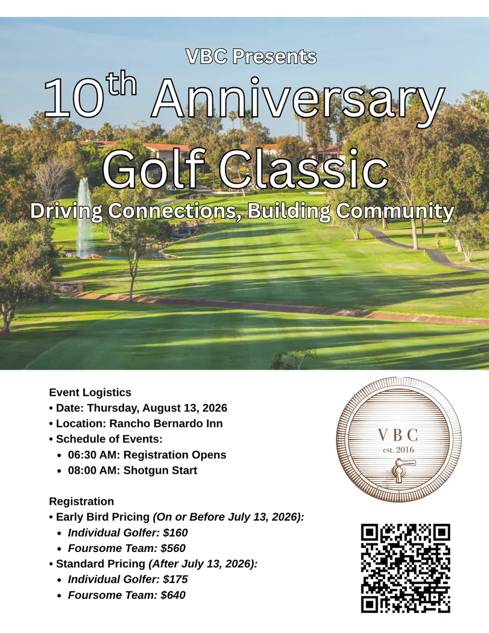 Event Details Charity Golf Tournament at Rancho Bernardo Inn Join us for a day of golf at the Rancho Bernardo Inn on Thursday, August 13, 2026. Here's the schedule and pricing Schedule of Events 0 (4)